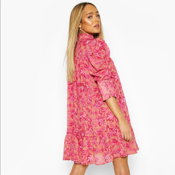 boohoo | PRINTED PUFF SLEEVE RUFFLE NECK SMOCK DRESS 14 new - Picture 2 of 6
